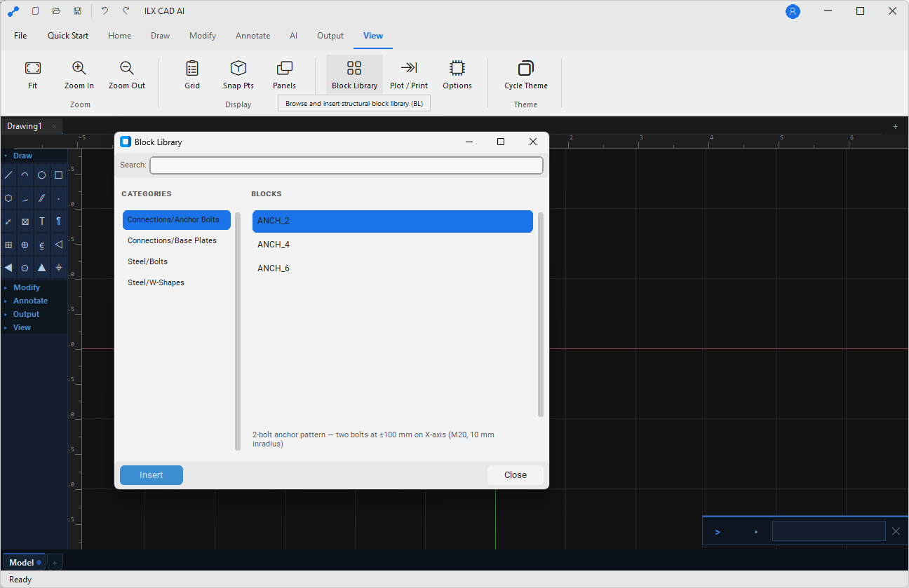ILX CAD AI block library panel showing categorized structural blocks including bolt symbols, weld callouts, base plates, and title blocks