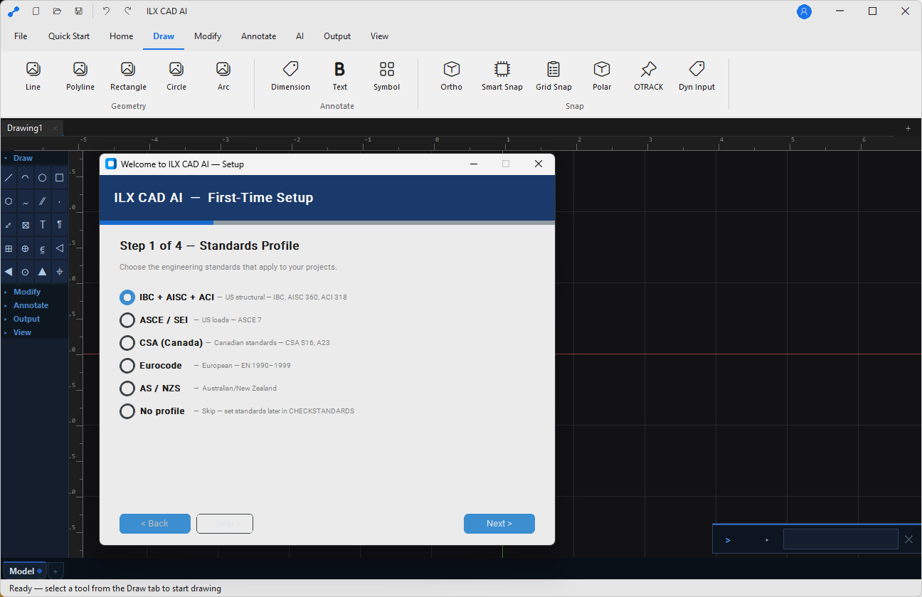 ILX CAD AI main interface with a structural beam connection detail open, showing the drawing canvas, toolbar ribbon, properties panel, and layer list