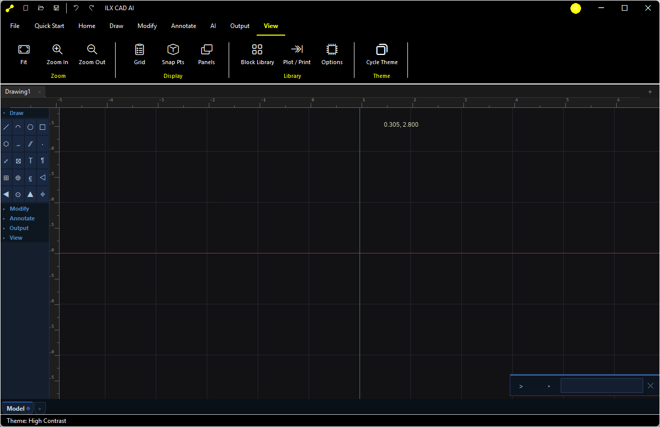 ILX CAD AI Options dialog open on the Display tab, showing the dark theme active, a canvas color picker, and crosshair size slider