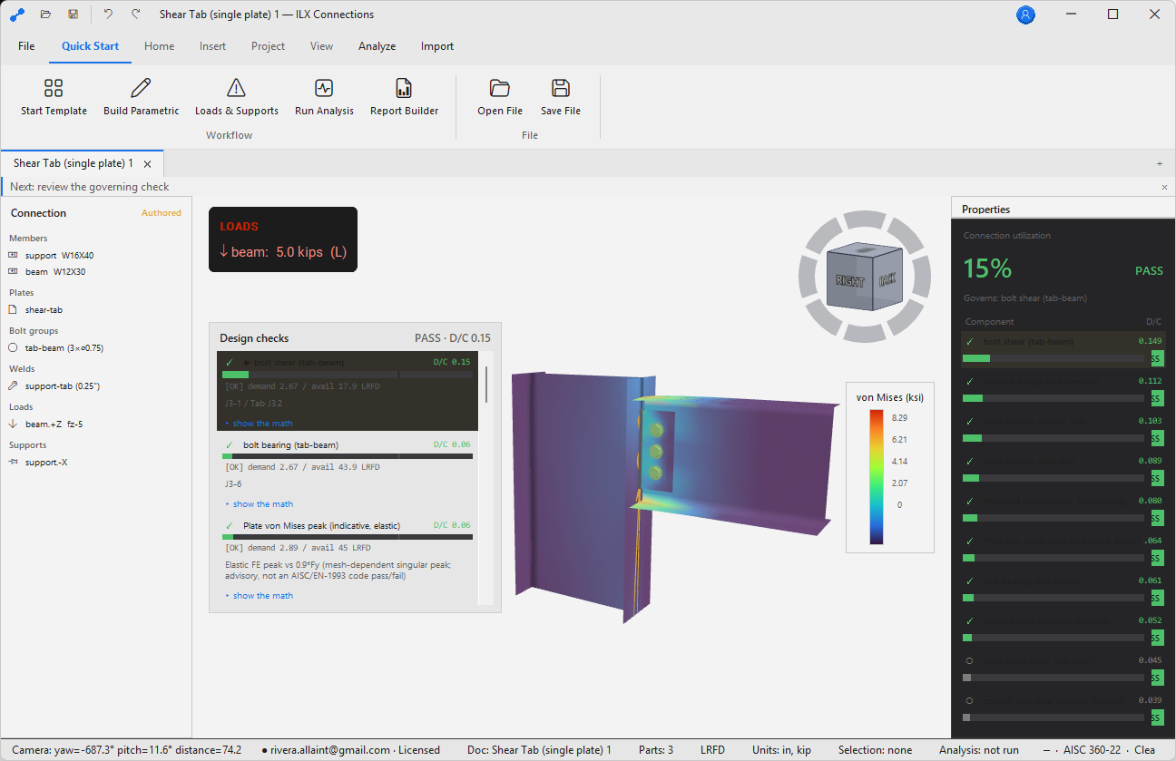 CBFEM results view with von Mises stress contours and AISC check table