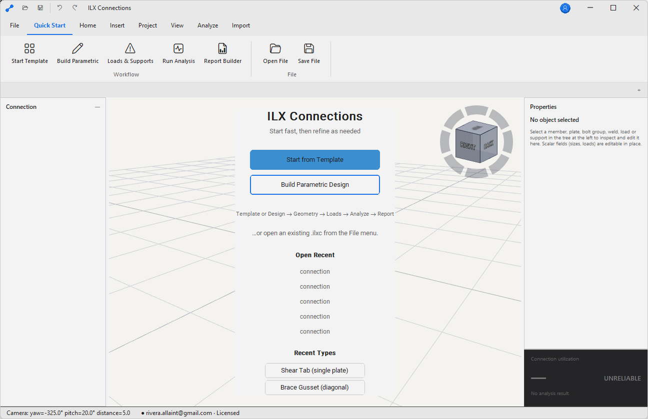 ILX Connection 3D viewport with CBFEM stress contours on a moment end-plate connection