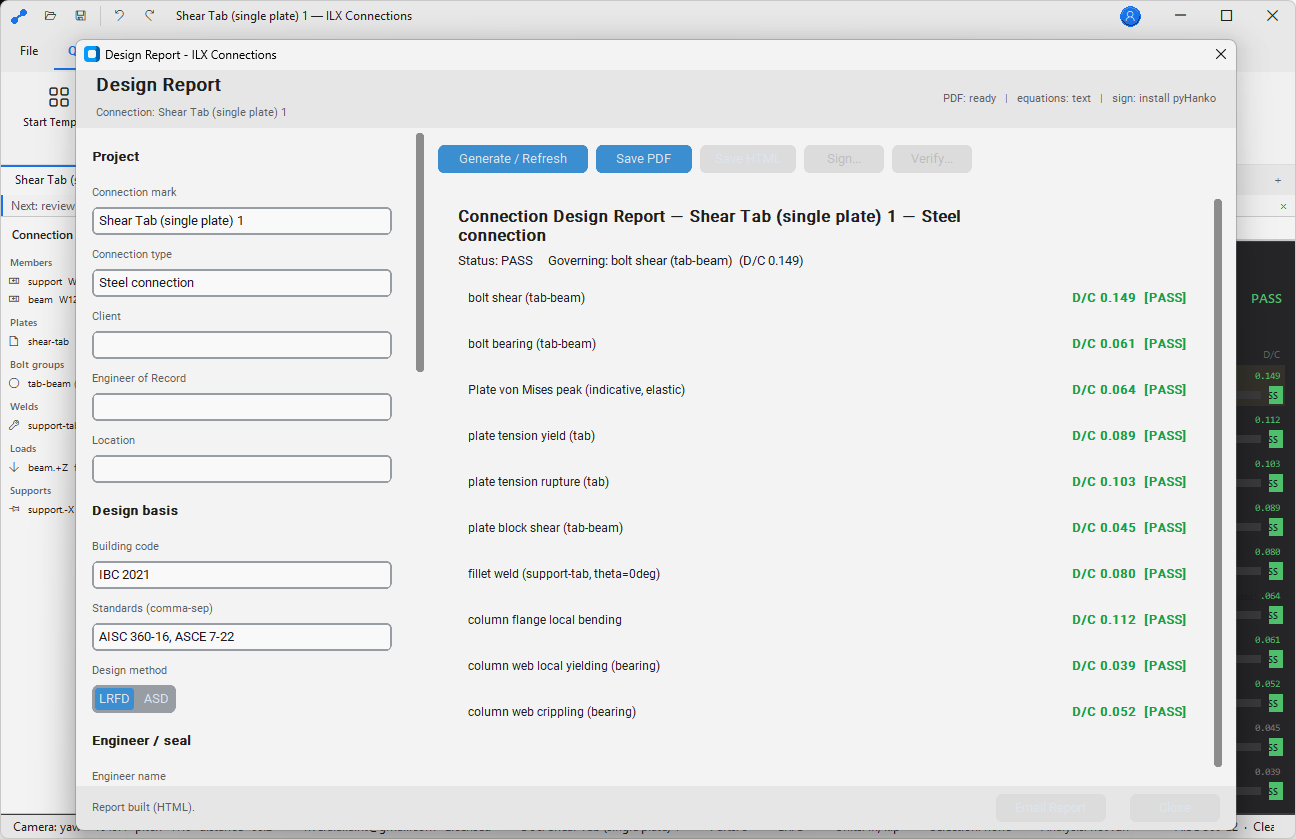Generated calculation report showing all-pass AISC check table and activated PE-seal block